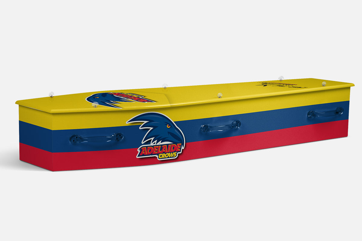 Adelaide coffin in yellow, navy and red bands with the Crows bird crest and wordmark