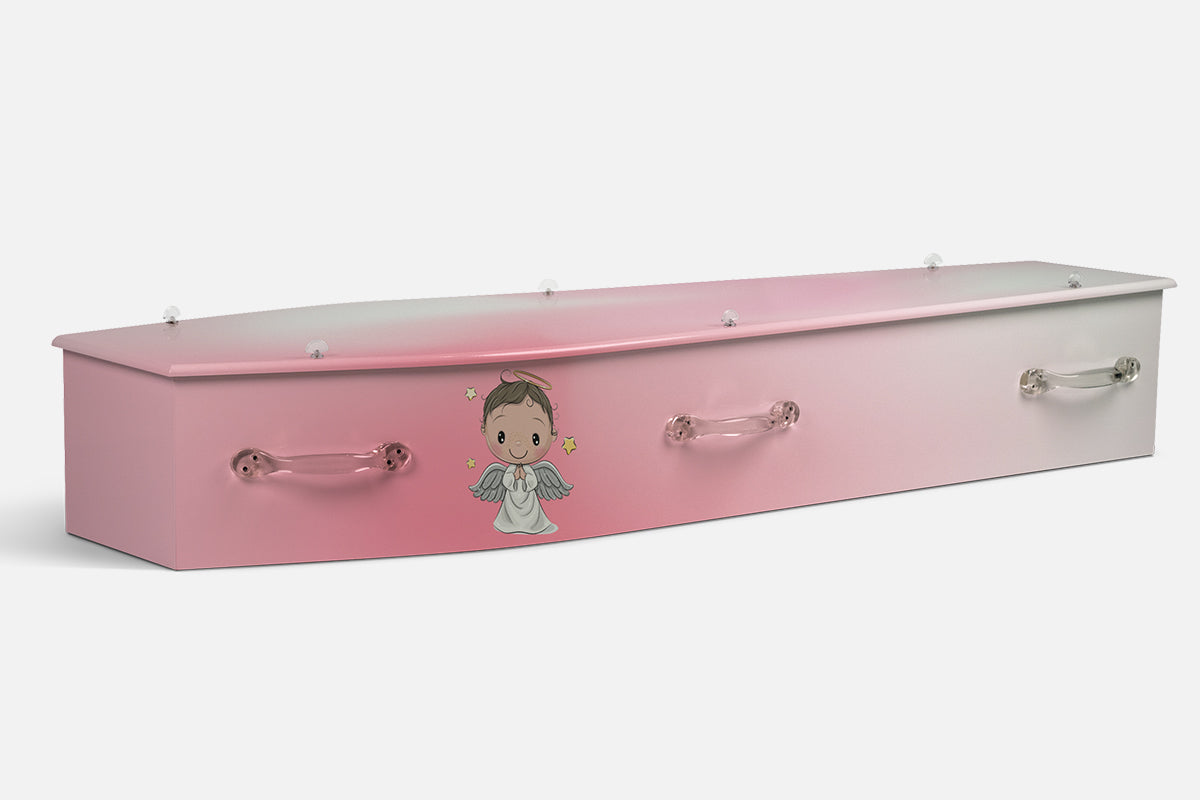 Angel coffin in soft pink with an illustrated child angel with wings, a halo and small stars