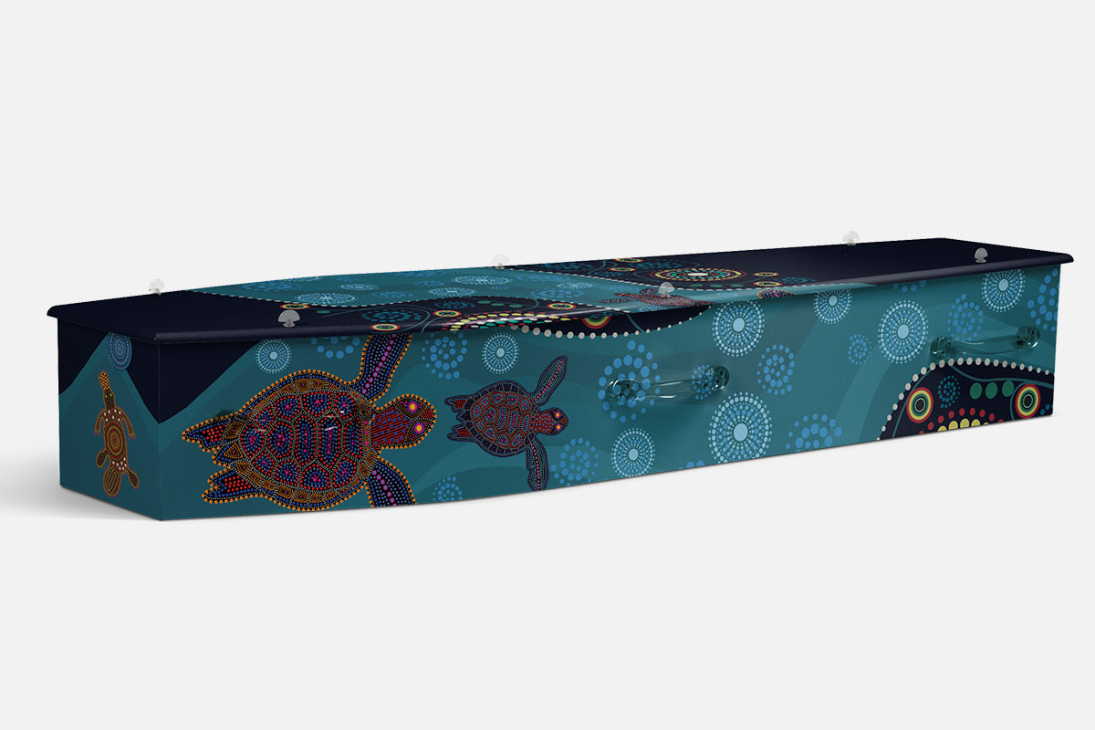 Aquatic Wanderers coffin in teal with dot painted sea turtles and small circular patterns