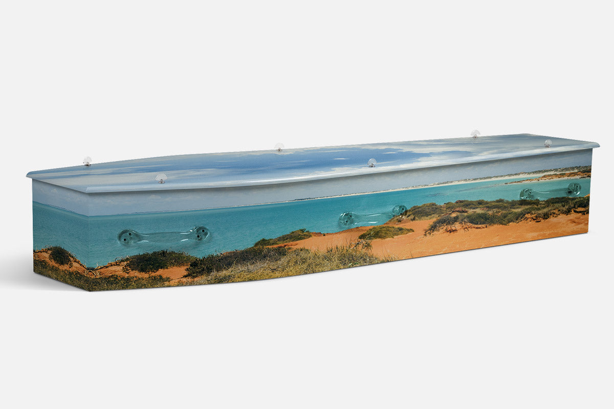 Australian Coastline coffin in an aerial turquoise coast with orange dunes and scrub