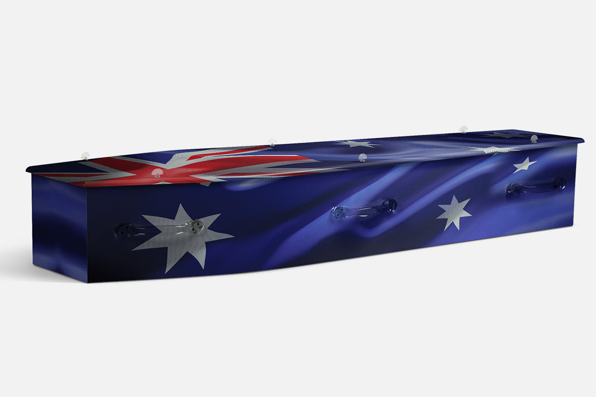 Australian Flag coffin in deep blue with the Union Jack and white Southern Cross stars on draped fabric