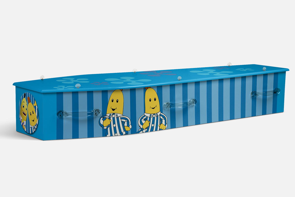 Bananas In Pajamas coffin in blue stripes with the two illustrated banana characters in pyjamas