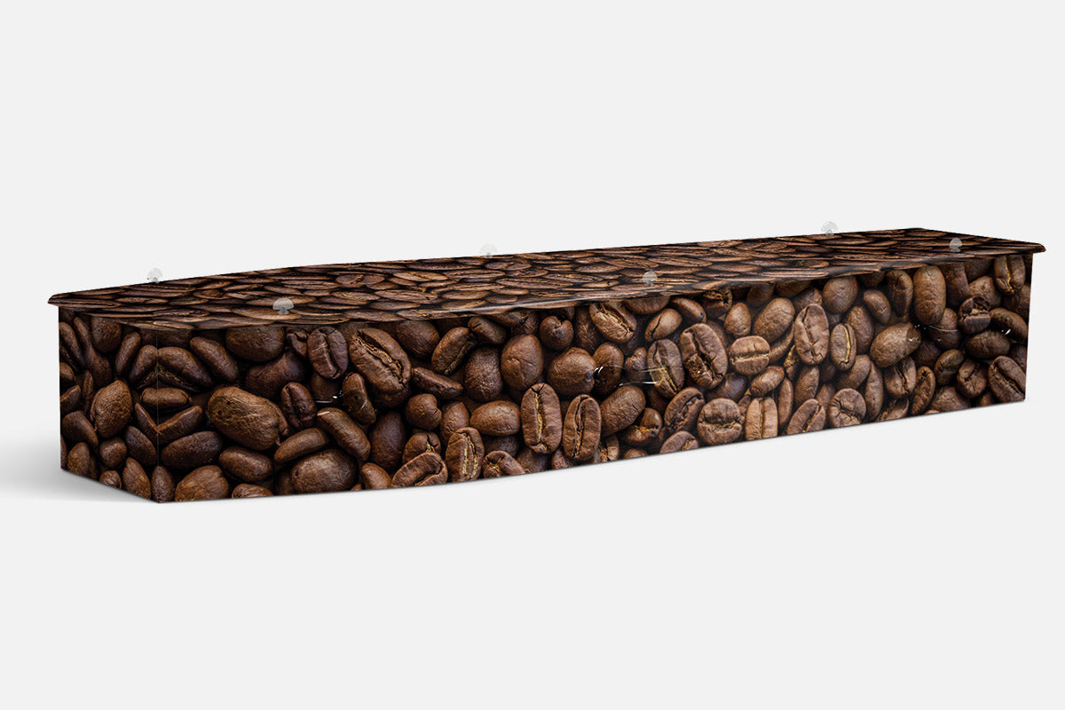 Barista coffin in a photographic print of roasted coffee beans covering the entire coffin