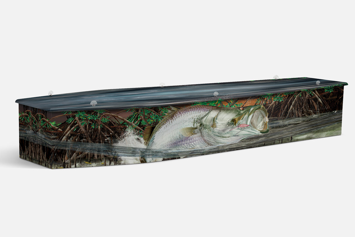 Barra coffin in green and brown with a photographic barramundi leaping among mangrove roots