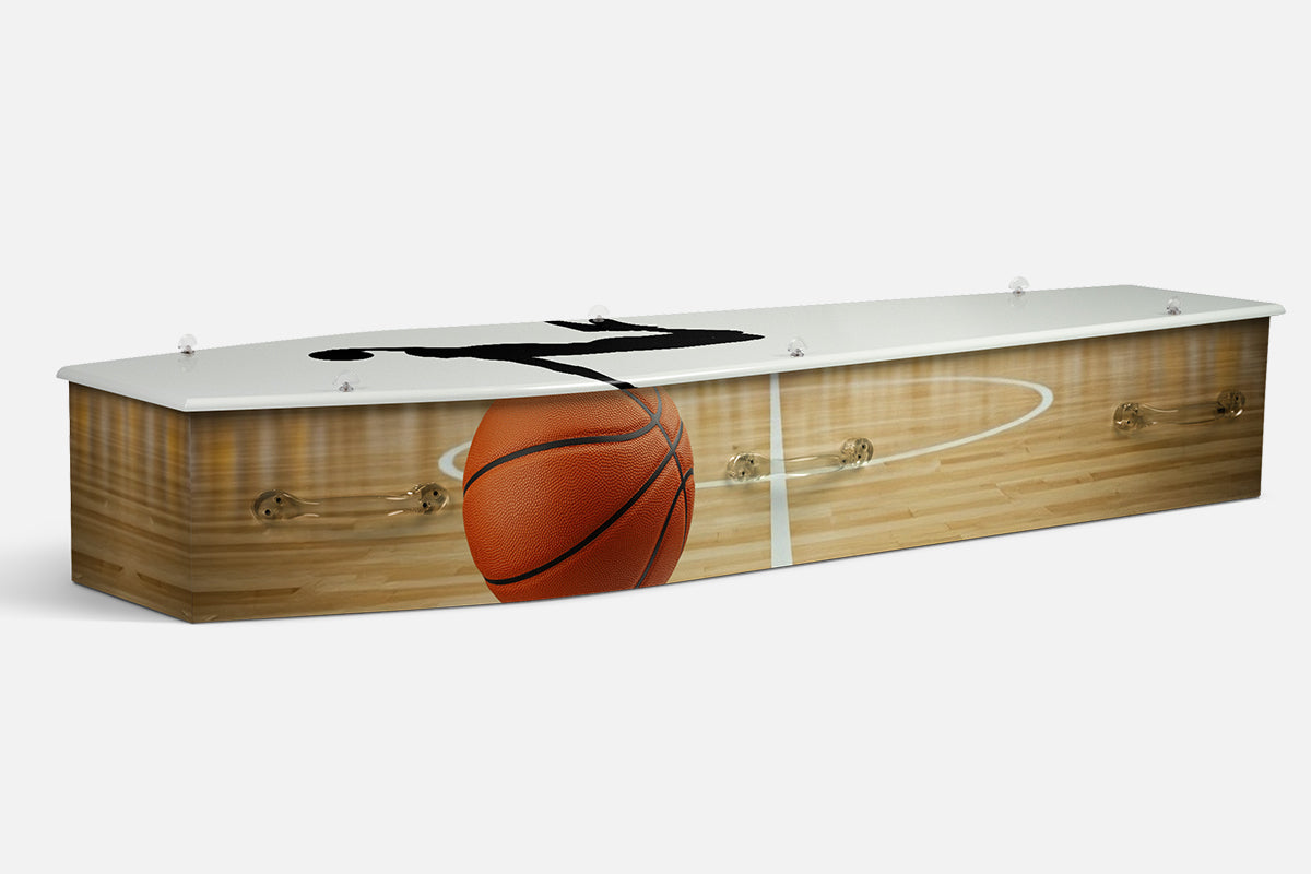 Basketball coffin with a basketball on a timber court and a black silhouette of a player above