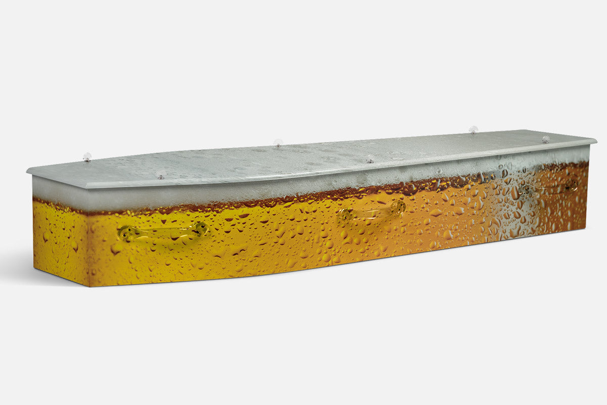 Beer coffin in a photographic print of a frosty glass of beer with foam and condensation droplets