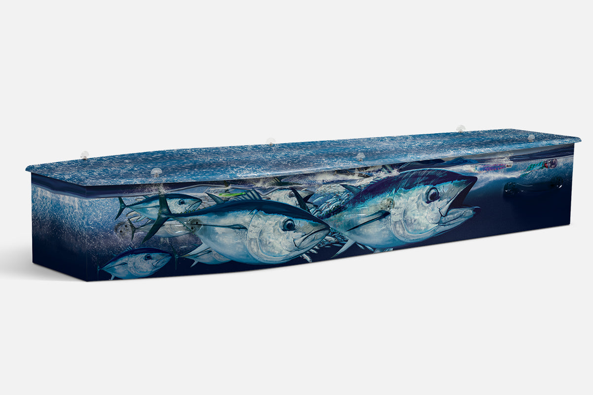 Blue Barrels coffin in deep blue with a photographic school of tuna swimming underwater