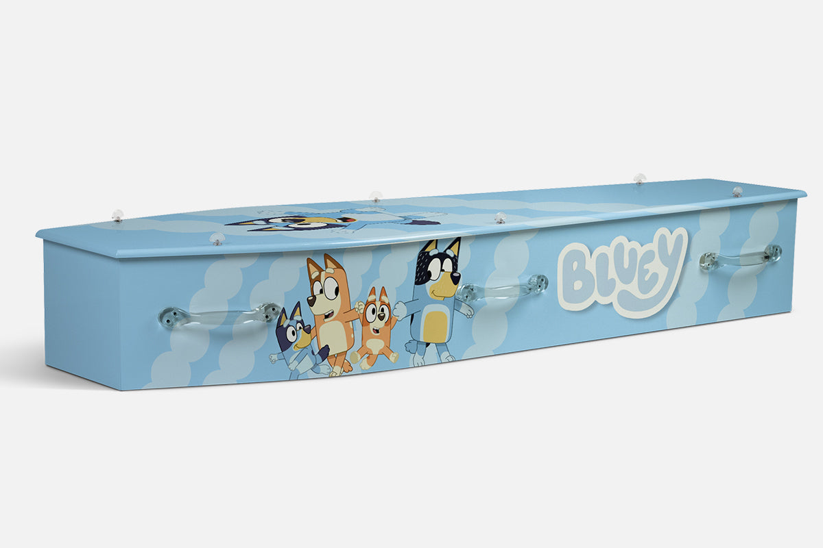Bluey coffin in pale blue with the Bluey family characters and the show logo