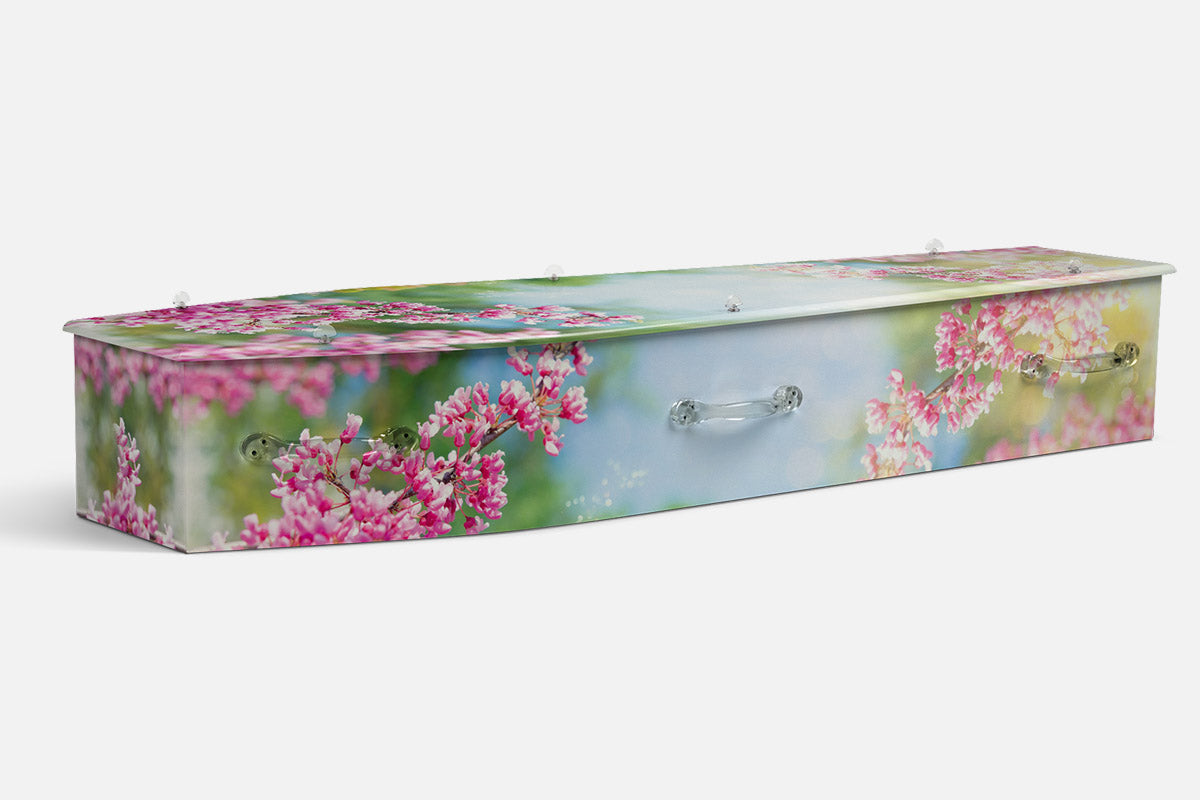 Blush Blossoms coffin in pink blossom branches over a soft green and blue background