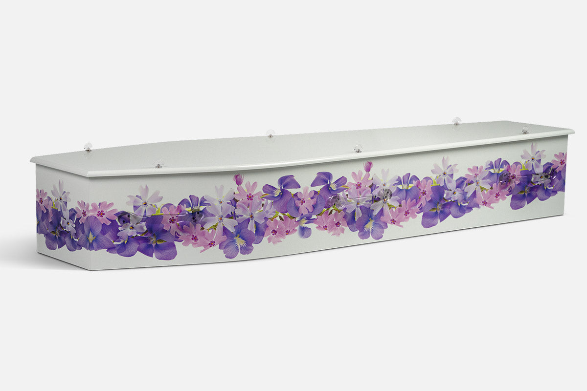 Botanical Blooms coffin in a band of purple and pink violets on a white background