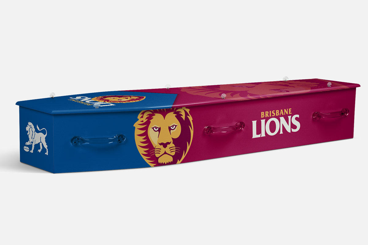 Brisbane Lions coffin in royal blue and maroon with a roaring lion head crest and wordmark