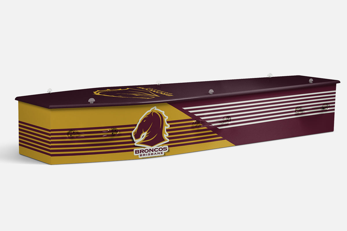 Broncos coffin in maroon and gold stripes with the Broncos Brisbane horse head emblem