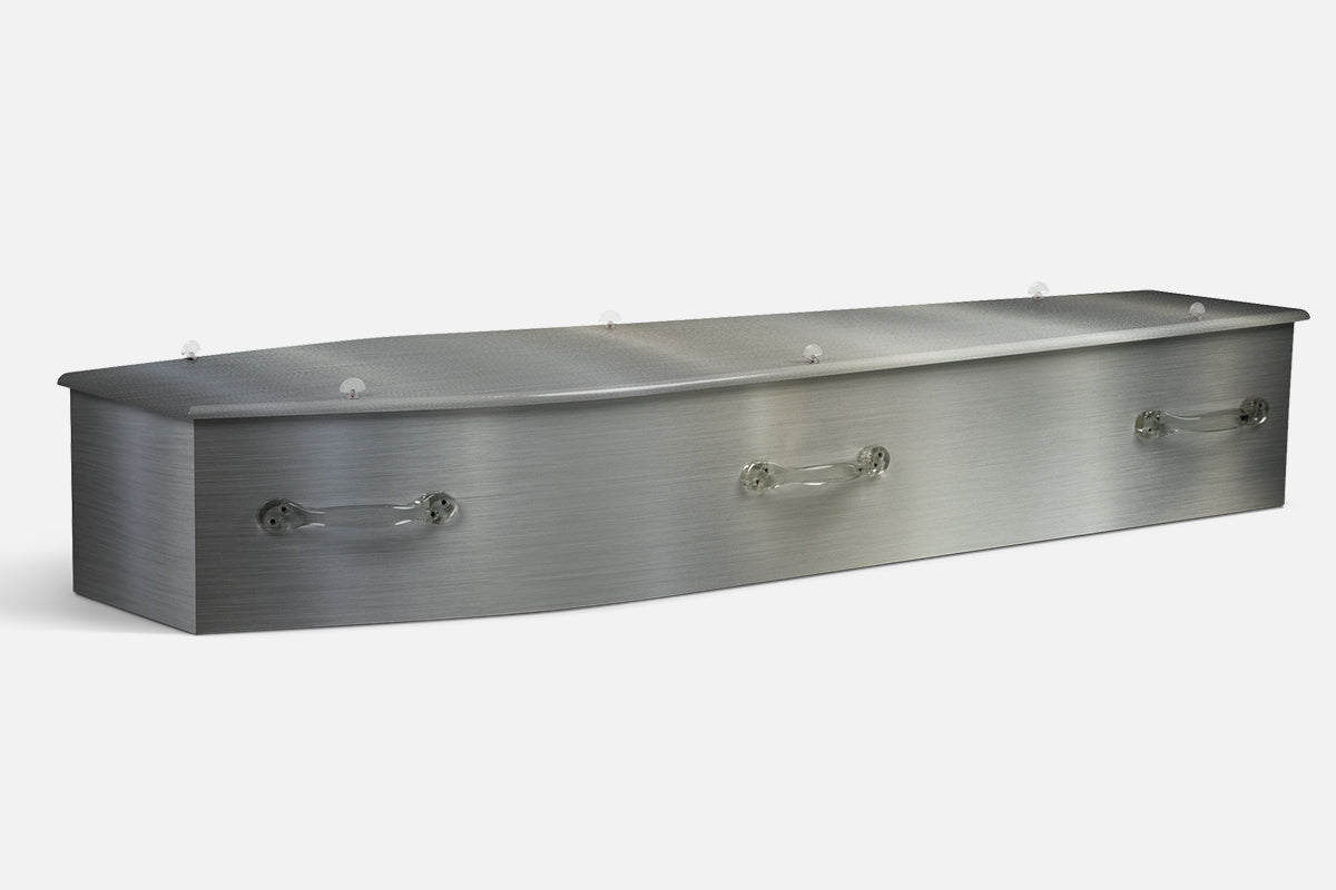 Brushed Aluminium coffin in a plain silvery grey brushed metal finish