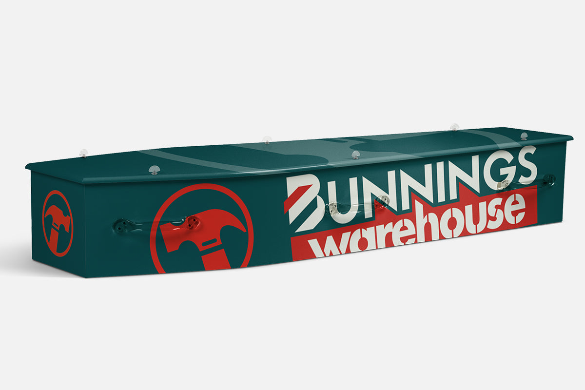 Bunnings coffin in dark green with a red hammer icon and Bunnings Warehouse lettering