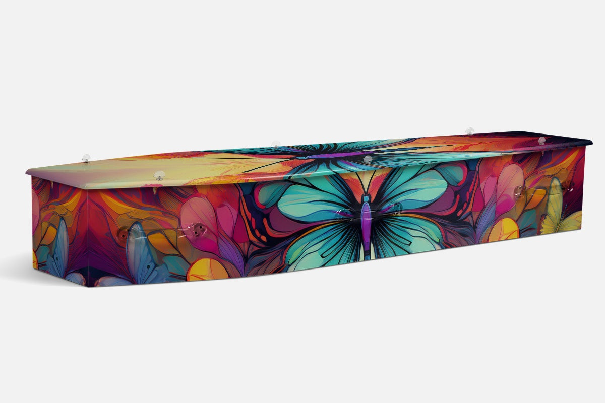 Butterfly Splash coffin in teal, pink and orange with a large digital art butterfly among abstract florals