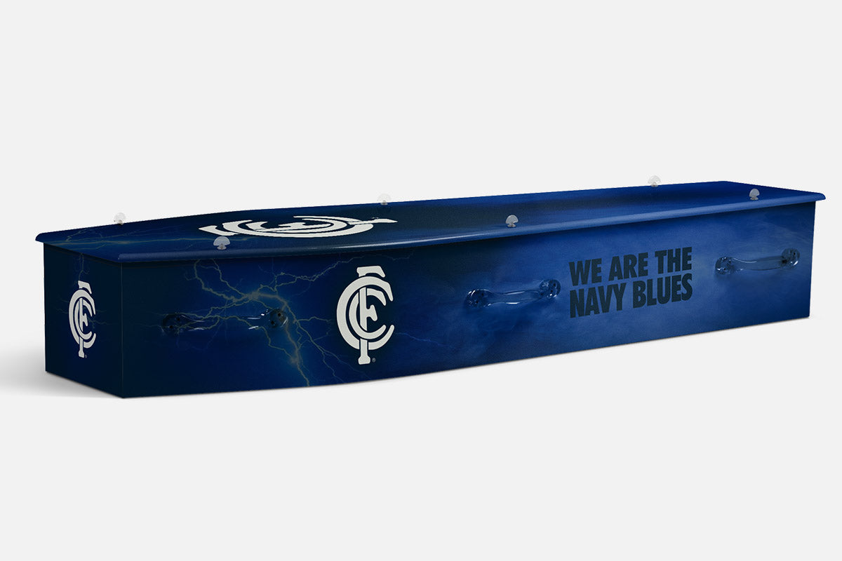 Carlton coffin in navy blue storm cloud texture with the white CFC crest and Navy Blues motto