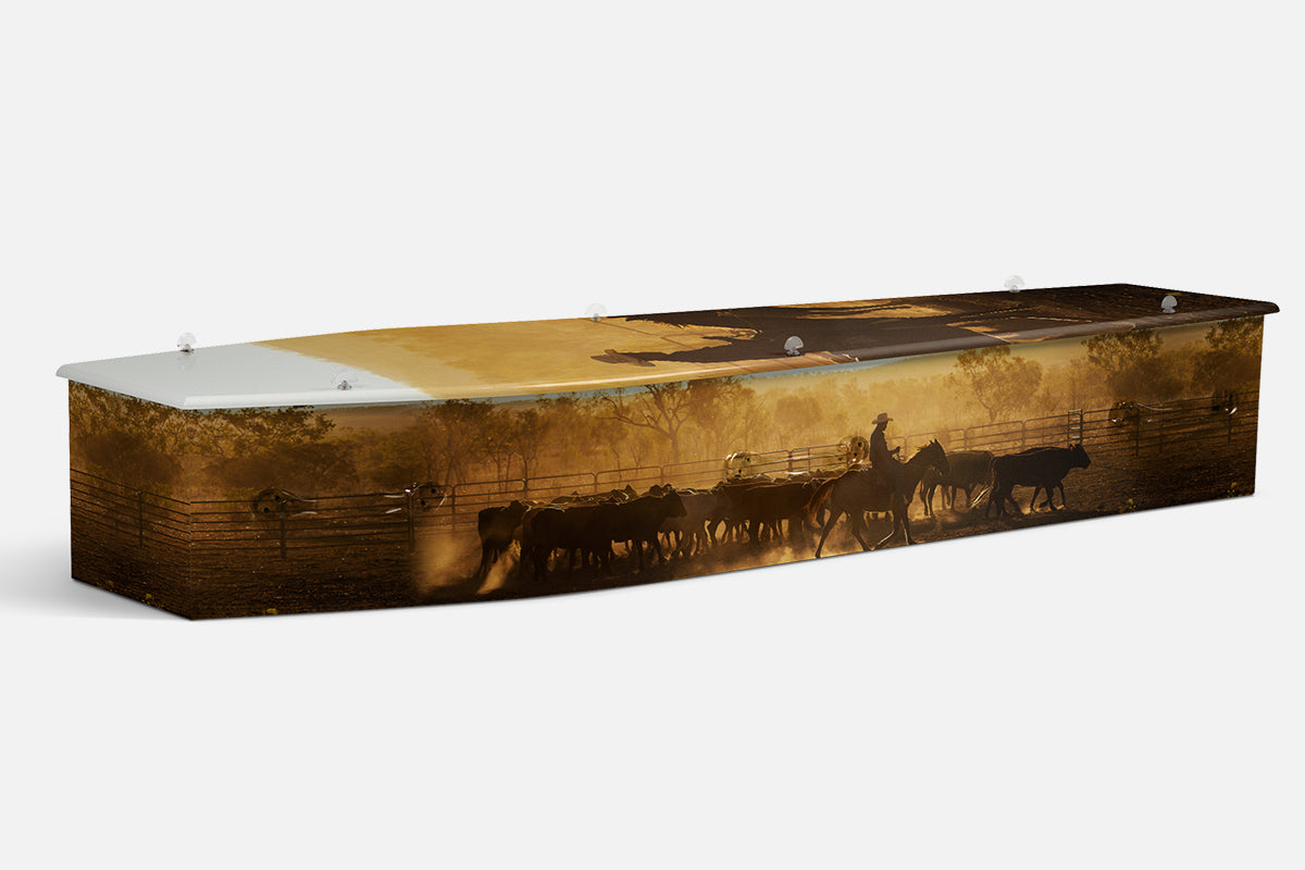 Cattle Muster coffin in a photographic sunset scene of a stockman droving cattle through timber yards
