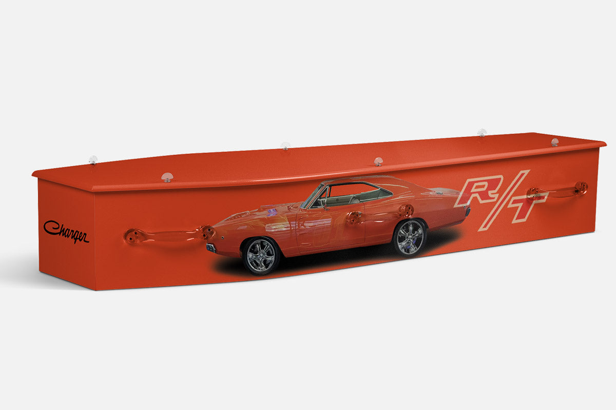 Charger RT coffin in orange with a side profile of a Dodge Charger and R T badge