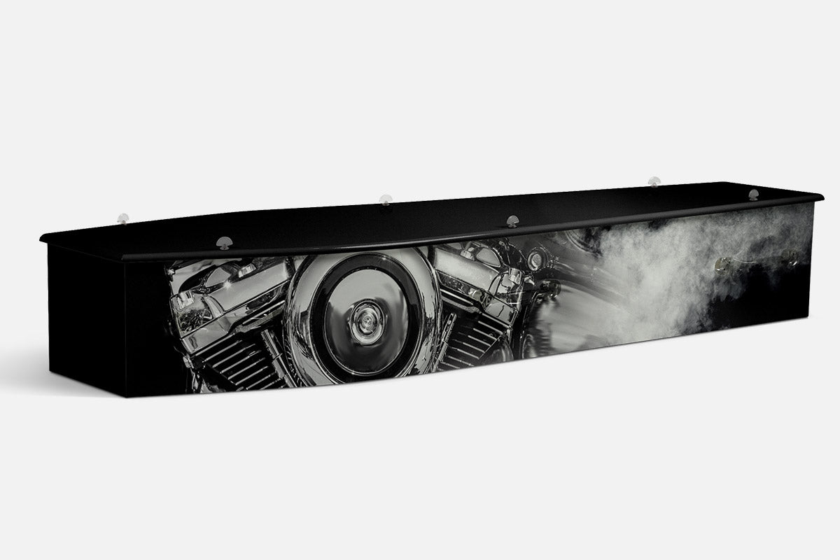 Chrome coffin in black and white with a close up of a polished chrome motorcycle engine