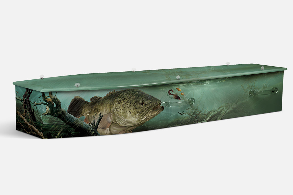 Cod coffin in green with a photographic Murray cod among submerged branches and a fishing lure