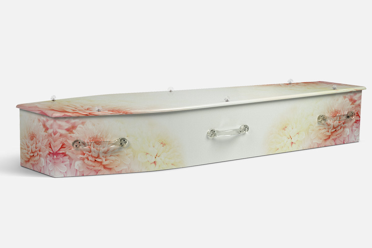 Coft Flowers coffin in soft pink and cream peony blooms fading into a plain white panel