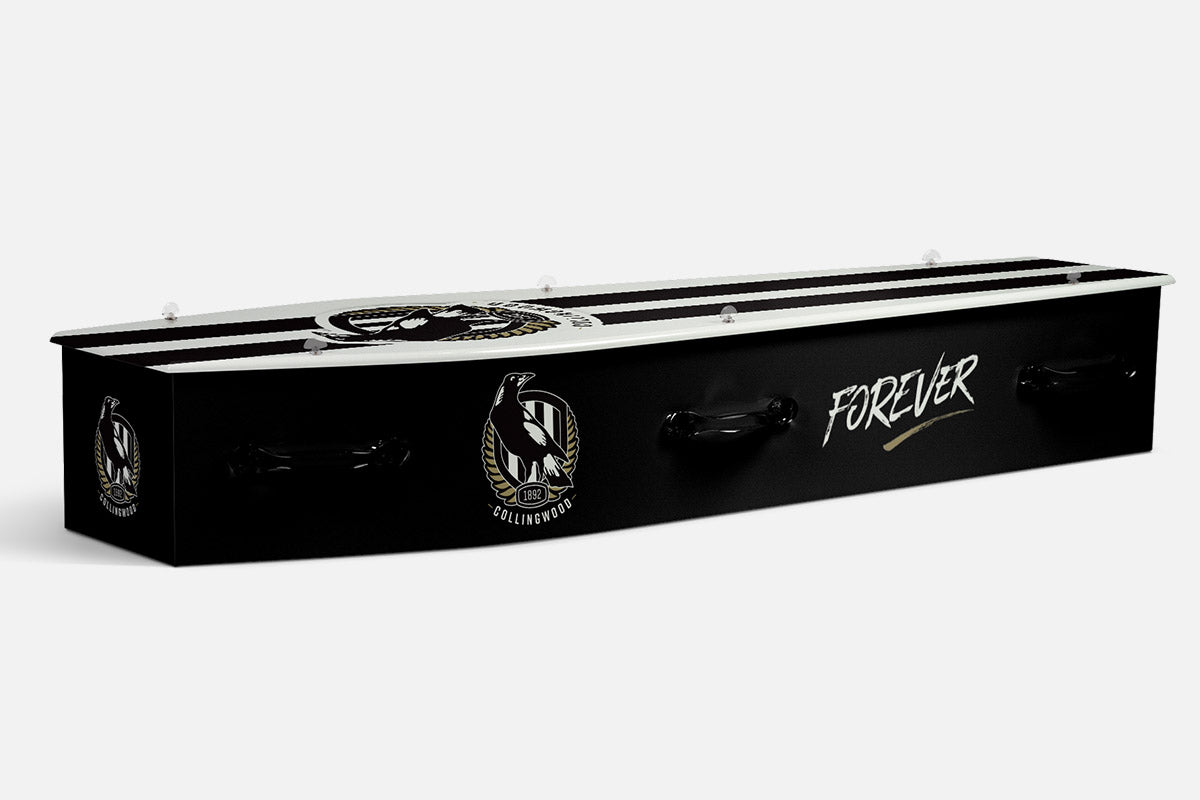 Collingwood coffin in black and white stripes with the magpie crest and the word Forever in script