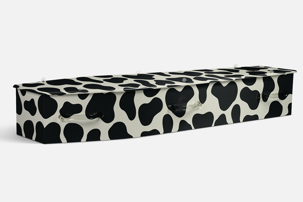 Cow Print coffin in a bold black and white cow spot pattern all over