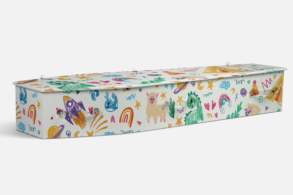 Crayons coffin in white with colourful crayon drawn animals, rockets and rainbows