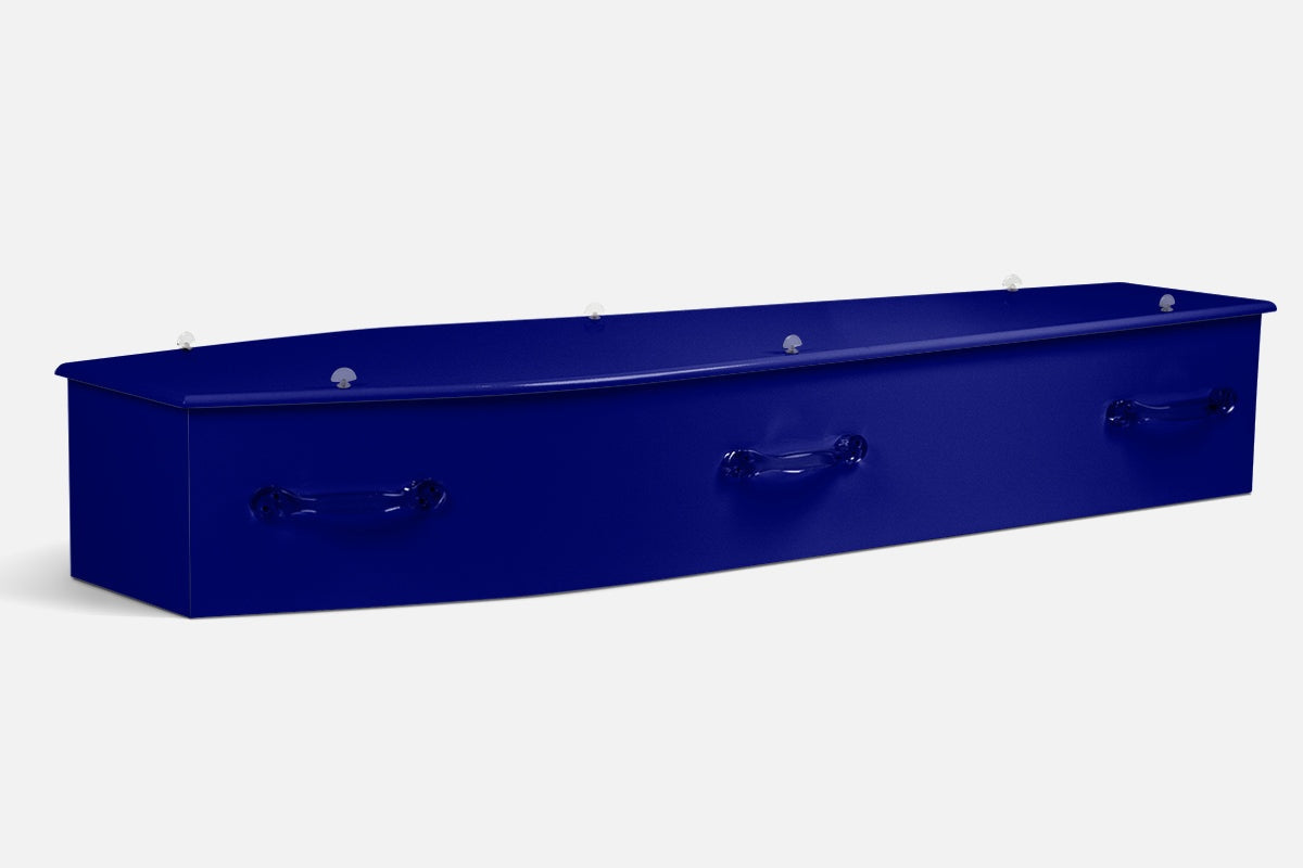 Dark Blue coffin in a solid glossy navy blue finish across the whole surface