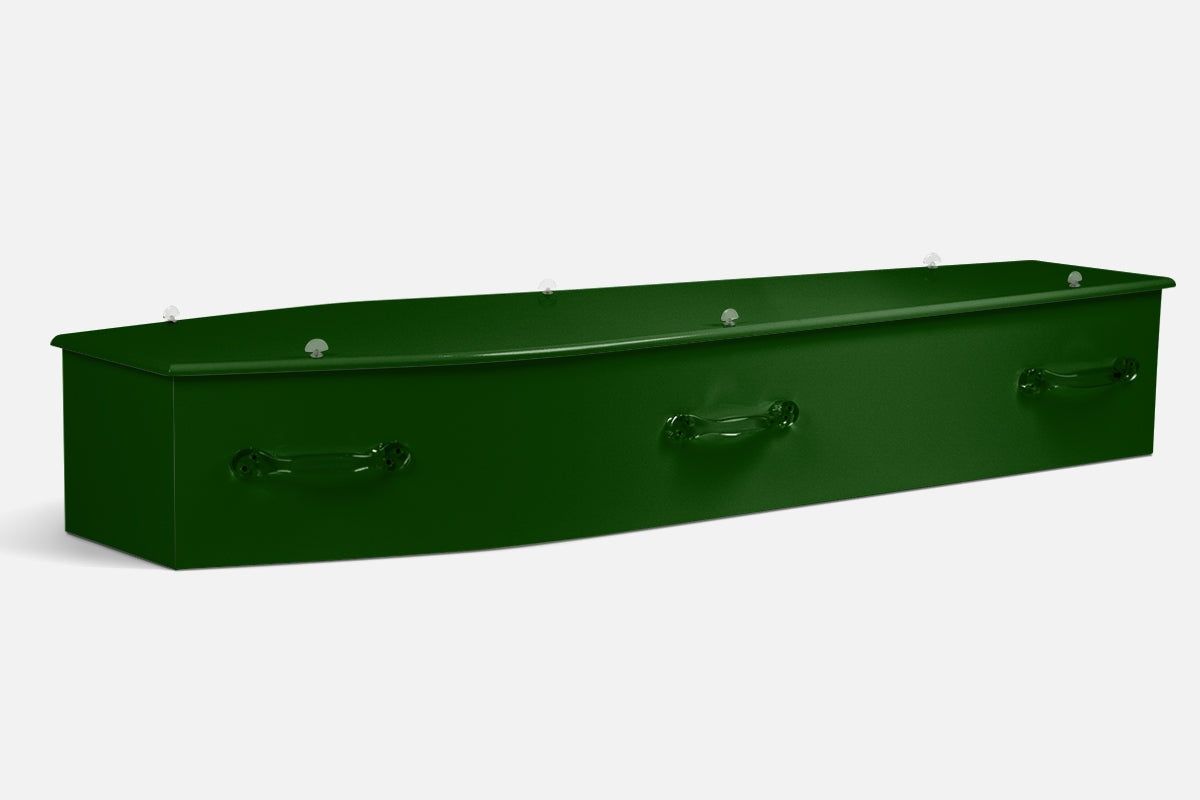 Dark Green coffin in a solid glossy dark green finish across the whole surface