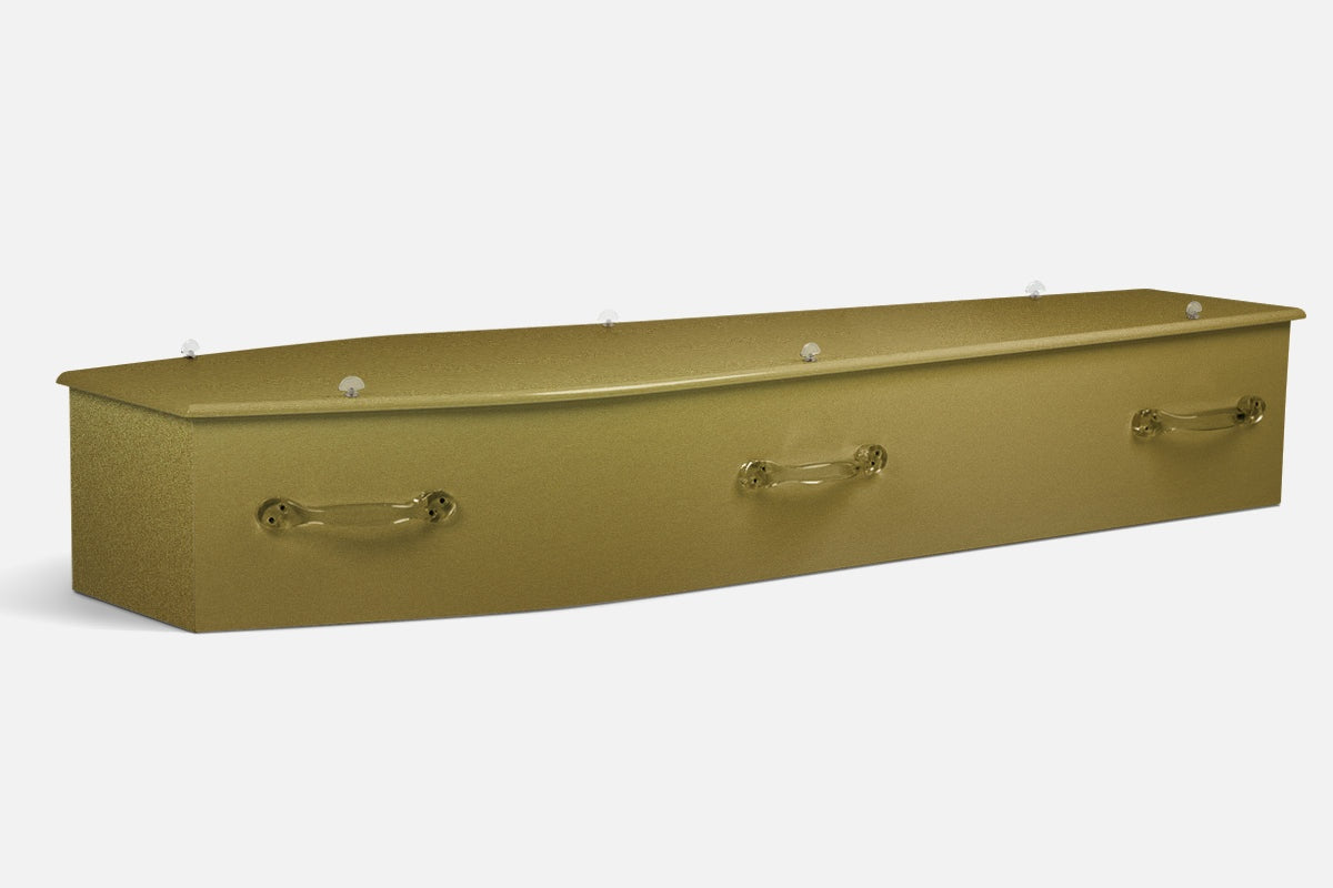 Diamond Amber coffin in a solid golden amber finish with a fine sparkling texture throughout