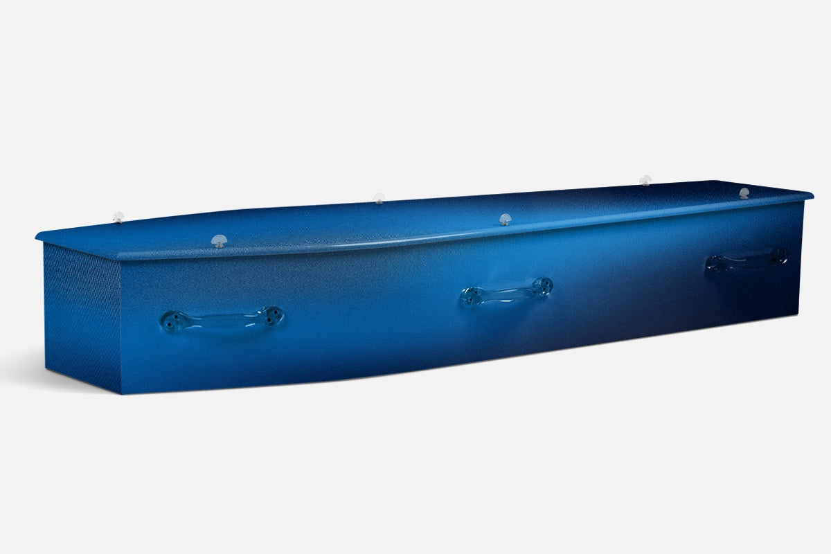 Diamond Blue coffin in a solid blue finish with a fine sparkling texture and a light to dark gradient