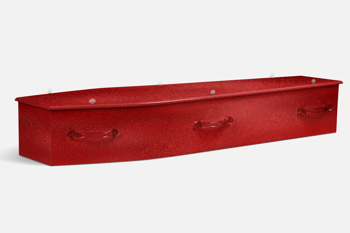 Diamond Red coffin in a solid red finish with a fine sparkling pebbled texture throughout