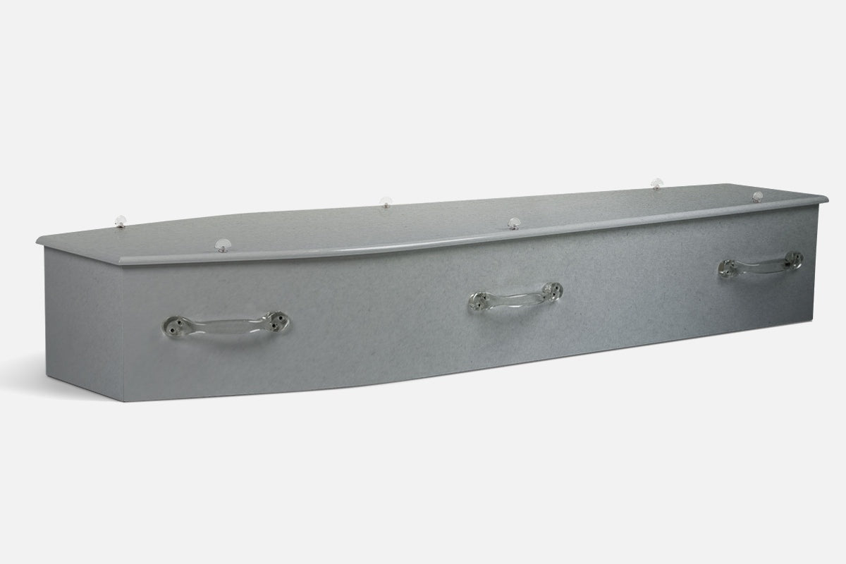 Diamond Silver coffin in a solid pale grey finish with a fine sparkling texture throughout