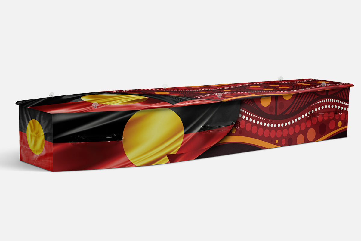 Dot Culture coffin in brown with concentric dot circles in red, white and yellow across the panels
