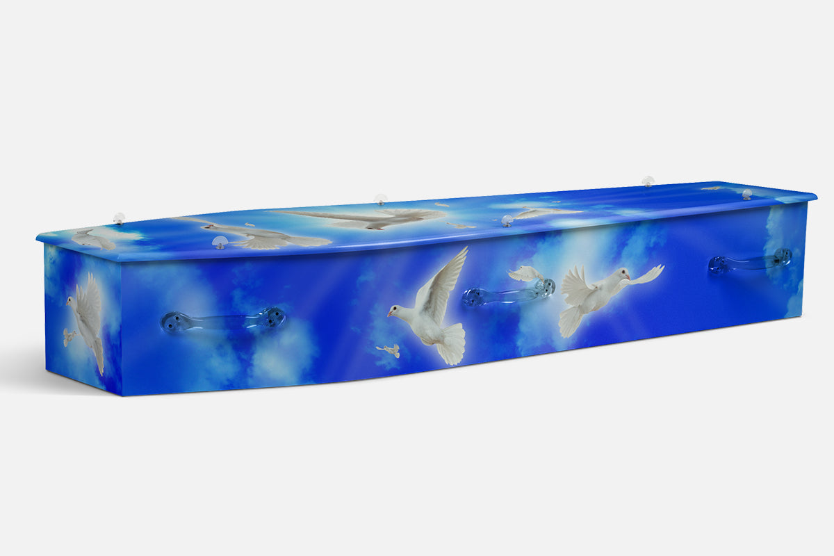 Doves coffin in a photographic blue sky scene with white doves in flight and drifting feathers