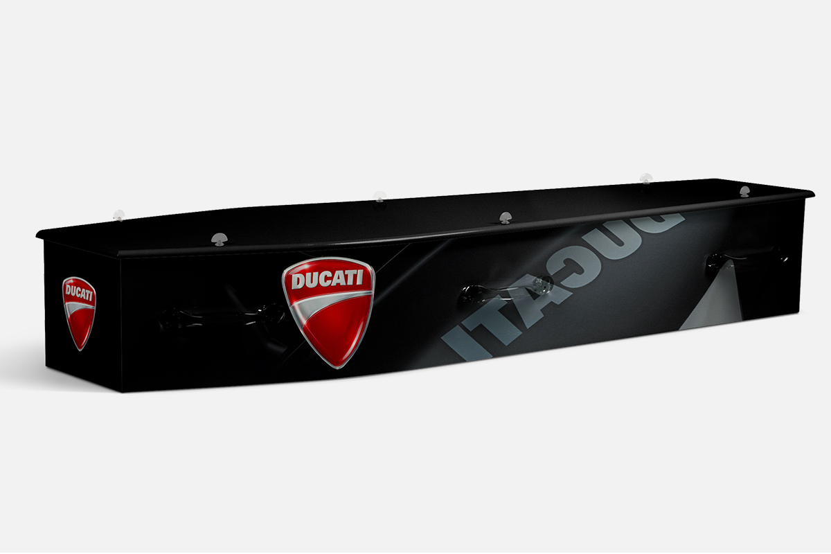 Ducati coffin in black with red Ducati shield logos and large Ducati lettering