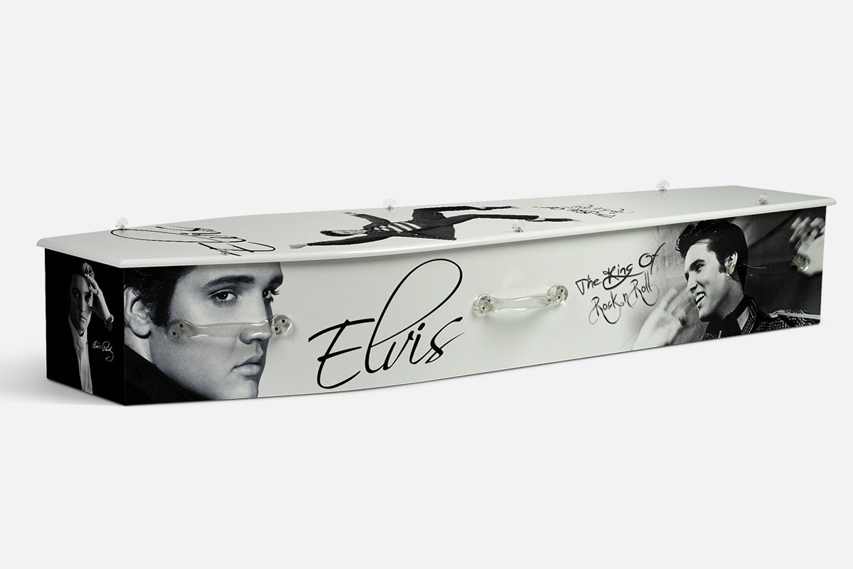 Elvis coffin in black and white with portrait photographs and The King Of Rock n Roll lettering