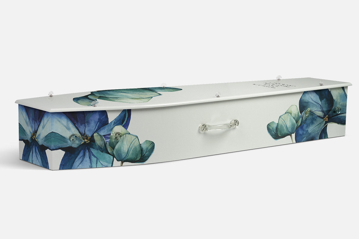 Emerald Watercolour coffin in blue and teal watercolour flowers on a white background