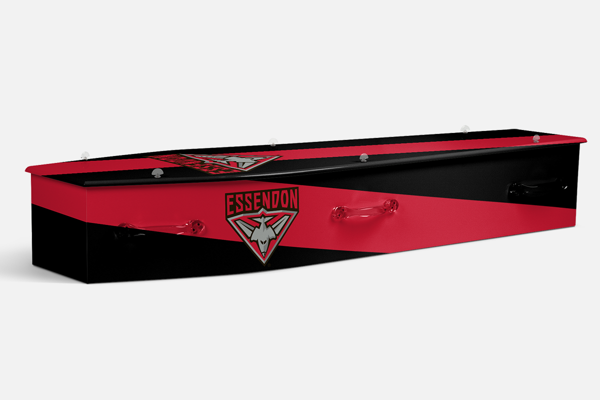 Essendon coffin in black and red diagonal bands with the Essendon shield crest