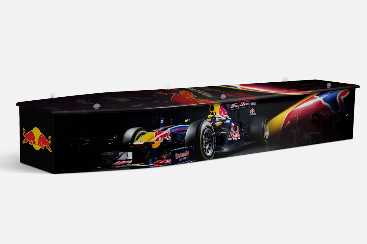 F1 coffin in black with a Red Bull Formula One race car and red bull logos