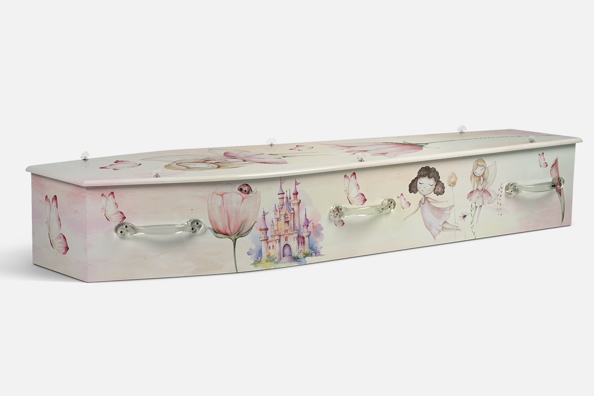 Fairies coffin in soft pastel watercolour with illustrated fairies, a castle, butterflies and flowers