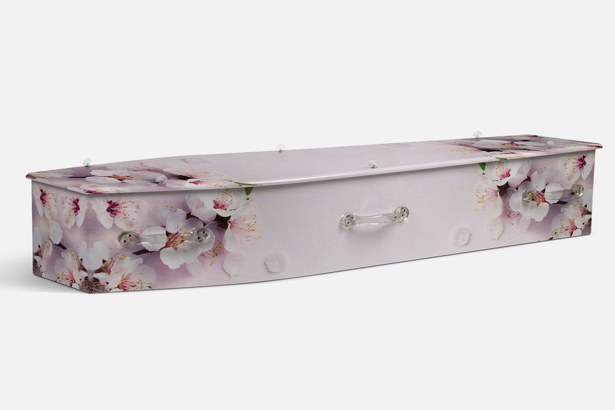 Floral Flush coffin in pale pink and white blossom branches on a soft blush background