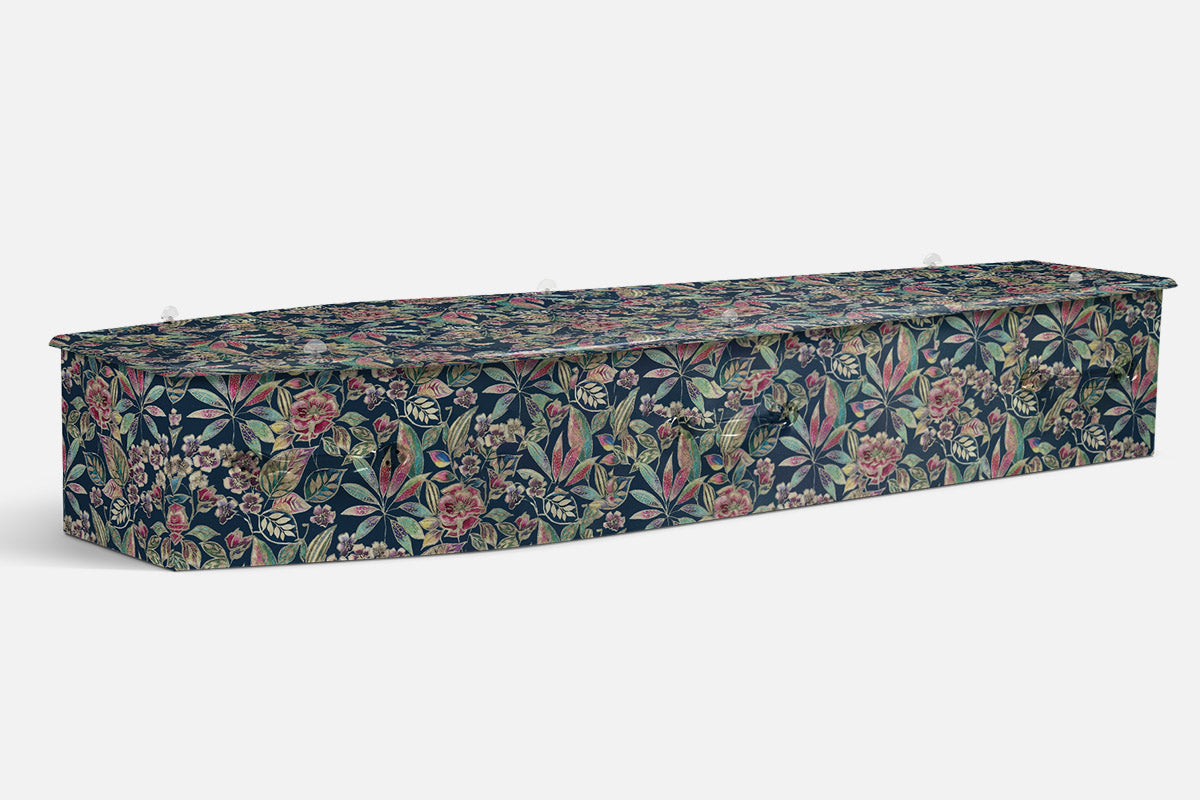 Floral Print coffin in a dense navy floral pattern with roses, leaves and gold accents
