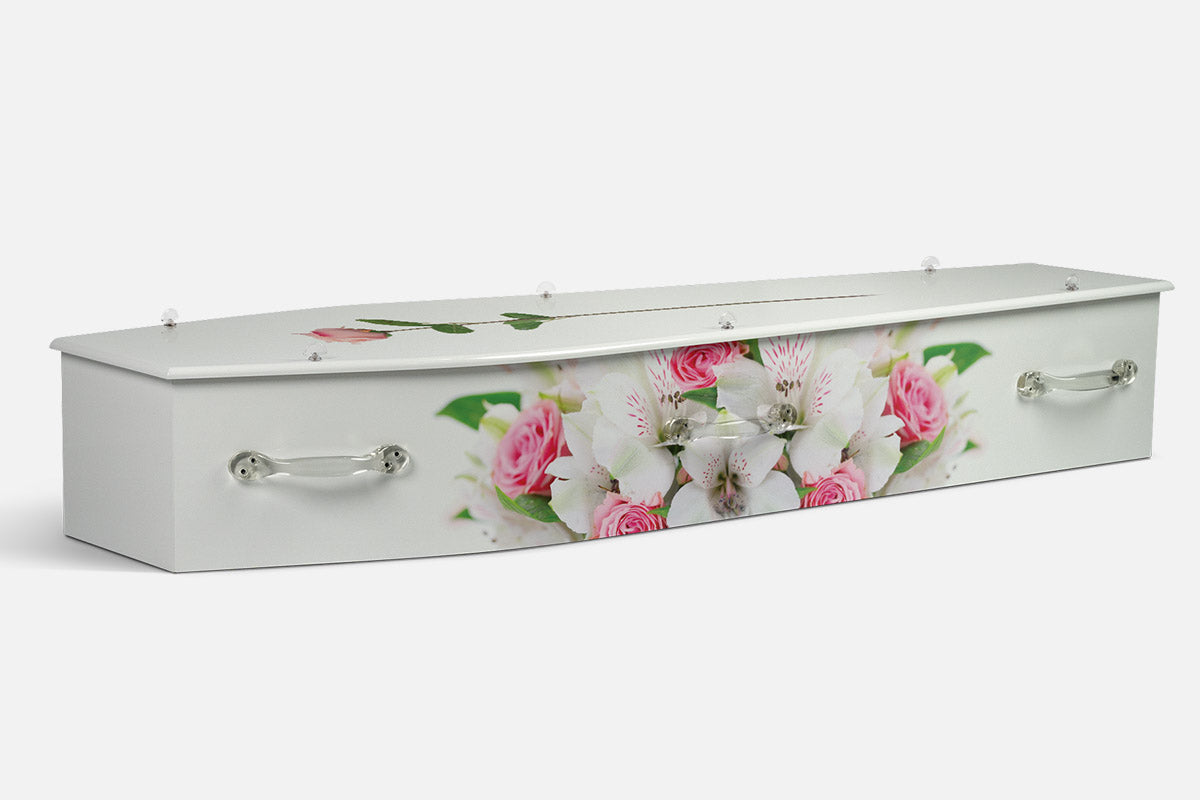 Flowers coffin in a bouquet of white lilies and pink roses on a white background
