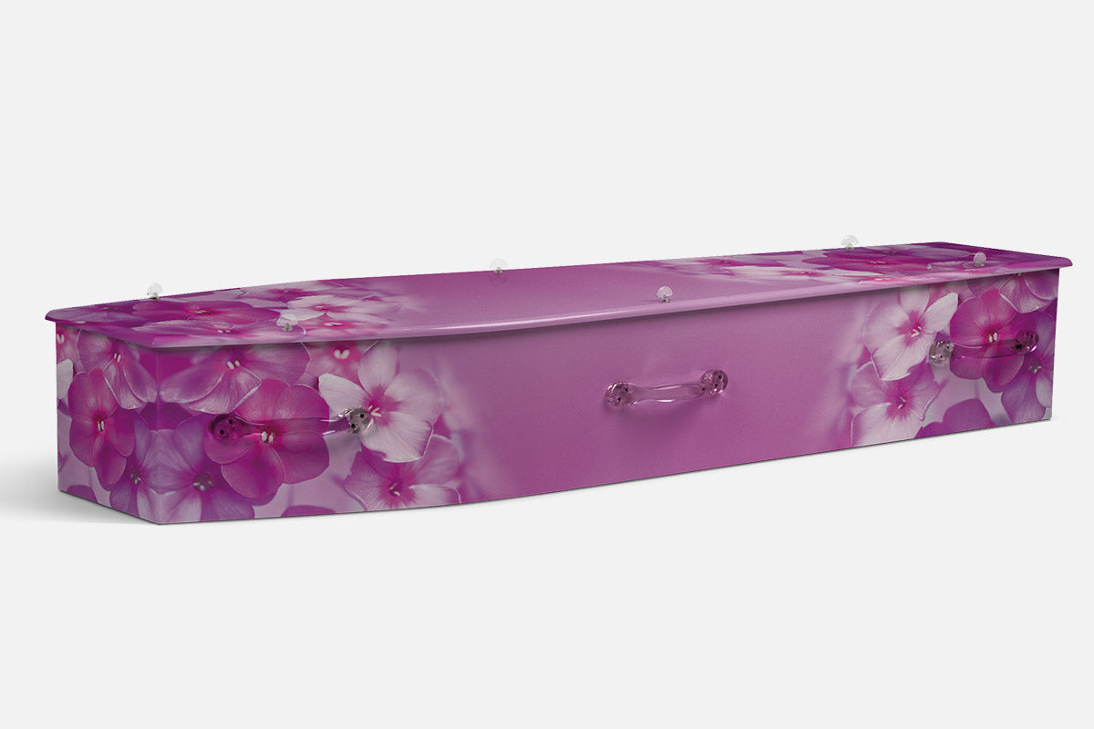 Flox Pink coffin in vivid magenta and white phlox blooms filling the panels