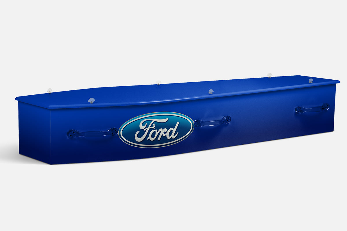 Ford coffin in blue with a large chrome Ford oval emblem on the side