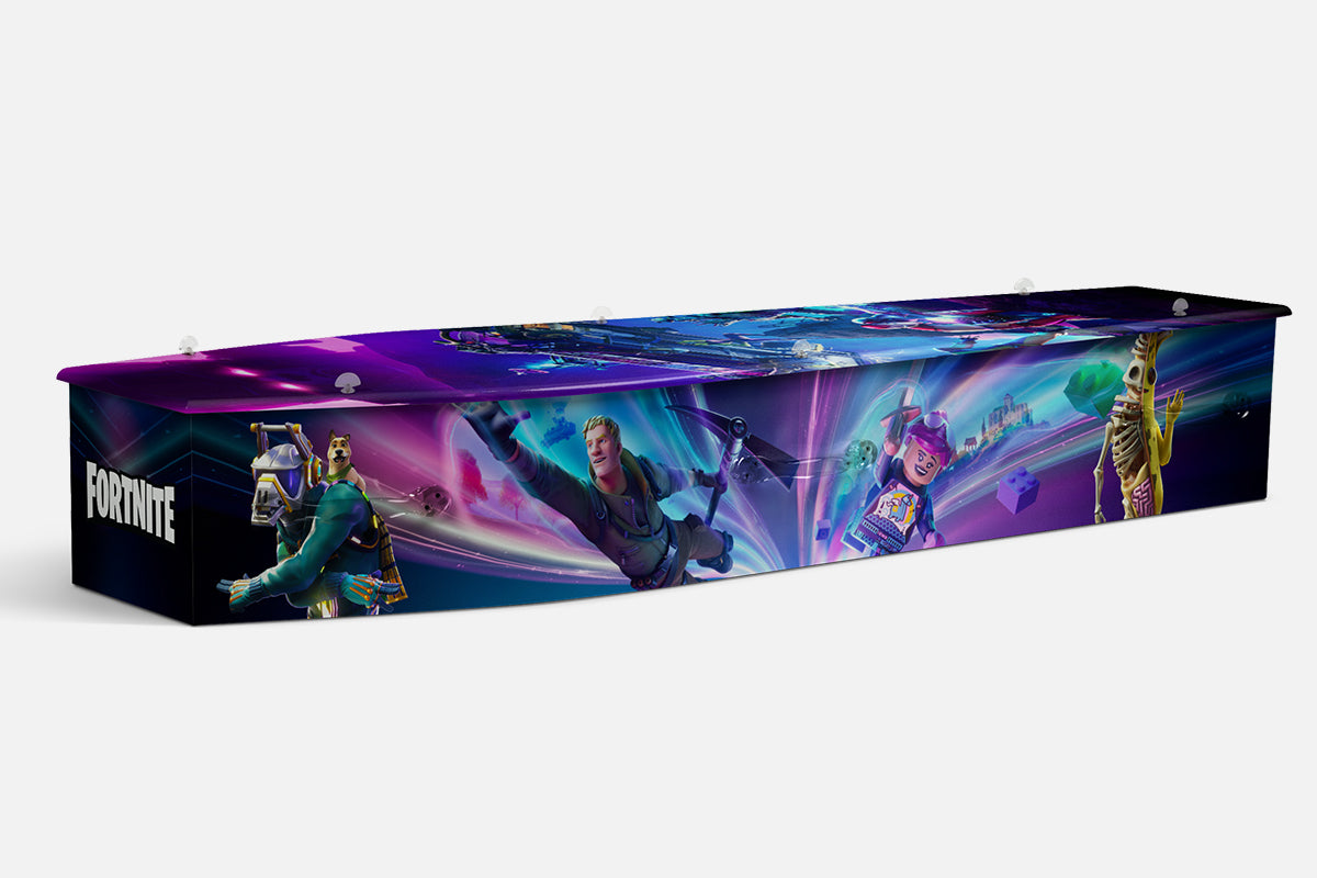 Fortnite coffin in purple and blue with animated game characters and the Fortnite logo