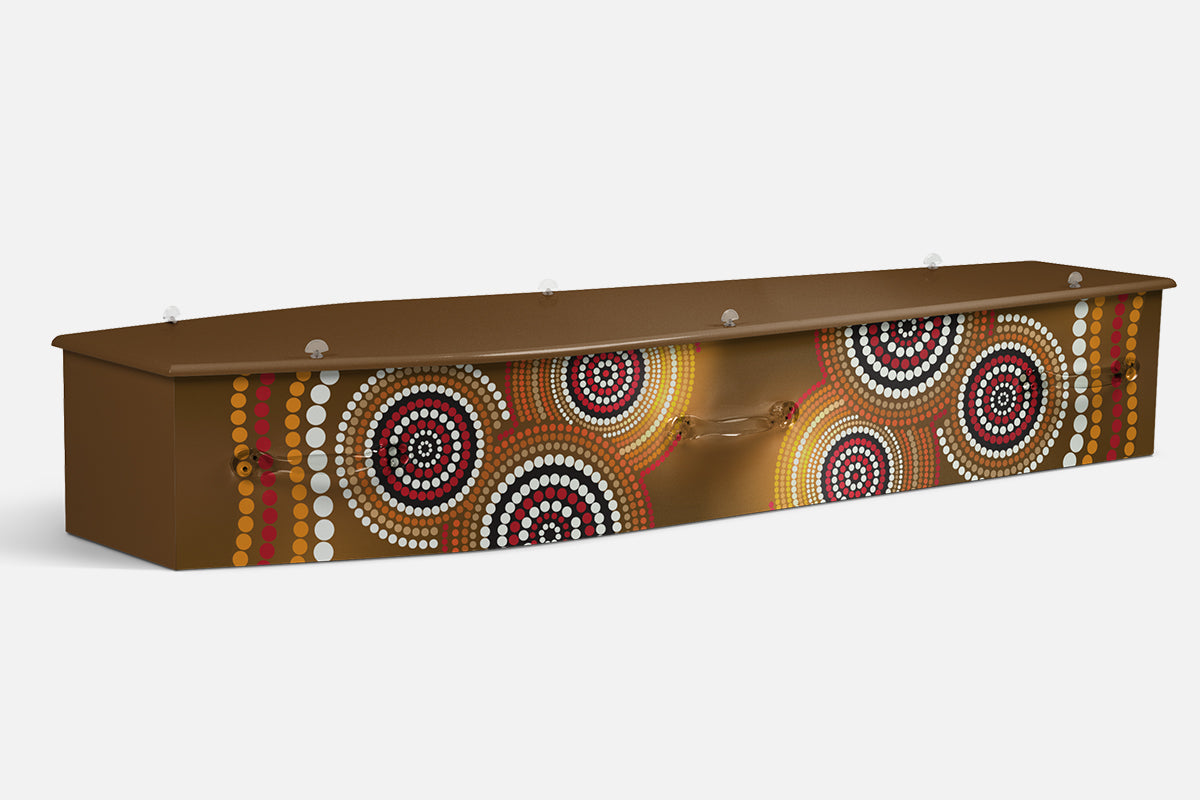 Freestyle Spirit coffin combining the Aboriginal flag with dot patterned circles and lines