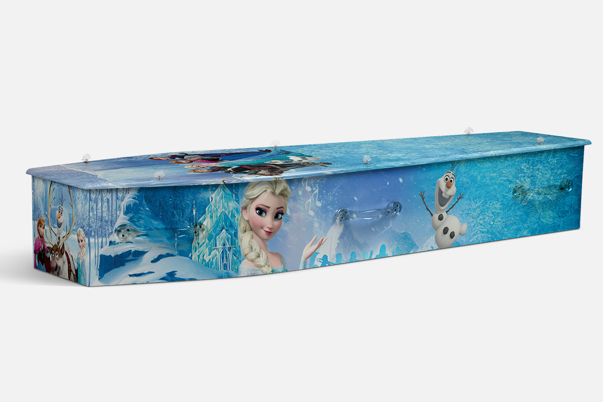 Frozen coffin in icy blue with Elsa, Olaf and the ice castle from the film